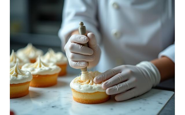 Un pâtissier, vêtu de sa veste blanche, décore minutieusement un gâteau avec une douille, concentré sur son travail dans un laboratoire de pâtisserie moderne.