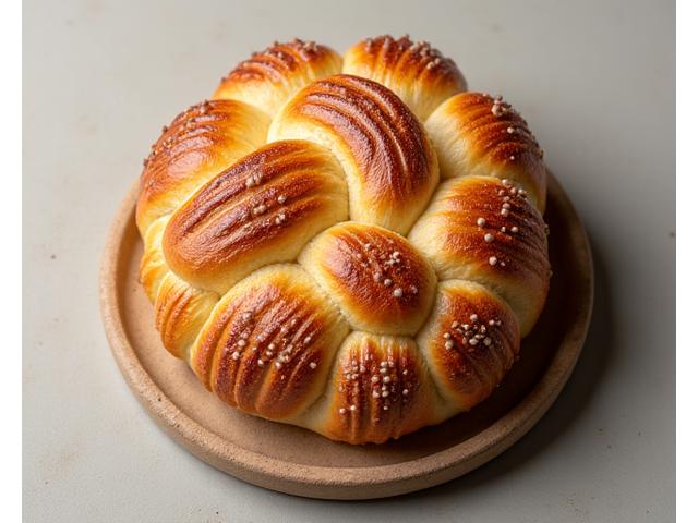 Brioche tressée dorée et moelleuse, saupoudrée de sucre perlé, prête à être dégustée.