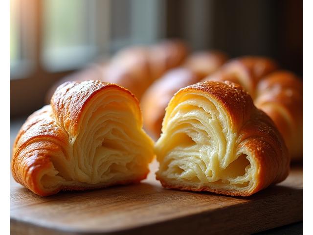 Croissant doré et feuilleté posé sur un support en bois, avec des miettes visibles.