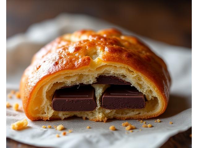 Pain au chocolat brillant et bien gonflé, avec des pépites de chocolat fondues apparentes.
