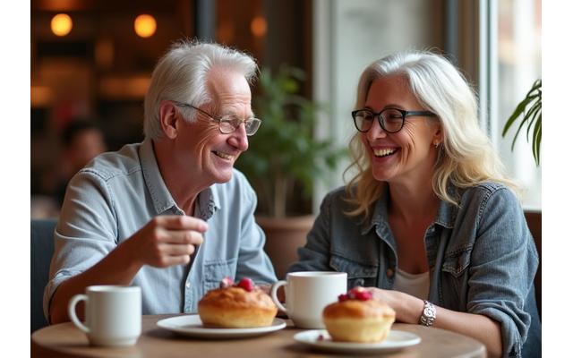 Couple souriant d'âge moyen dégustant des pâtisseries sans gluten à une table lumineuse dans un café chaleureux, leur visage reflétant la joie et la satisfaction. Ambiance conviviale et lumineuse, mettant en valeur le plaisir partagé.