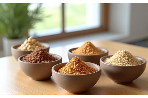 Gros plan sur un assortiment de graines et farines alternatives : quinoa, millet, pois chiche, lentille, graines de chia et tournesol, disposées dans des petits bols en céramique sur une table en bois clair. Lumière naturelle et ambiance épurée rappelant la nature.
