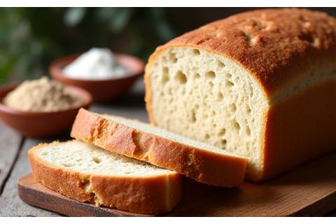 Gros plan sur une miche de pain sans gluten, dorée et croustillante, coupée en trois tranches, posée sur une planche en bois rustique à côté d'une corbeille de farine de riz et de sarrasin. La mie est visible, aérée et homogène.