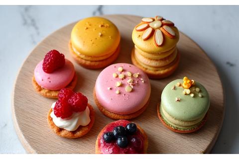 Assortiment élégant de mini-pâtisseries sans gluten : financiers aux amandes, macarons colorés, madeleines, et tartelettes aux fruits rouges, présentés sur un plateau en bois artisanal. Une lumière douce met en valeur les textures délicates.