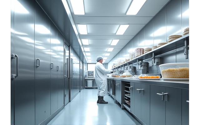Vue intérieure d'un laboratoire de boulangerie moderne ultra-propre avec des surfaces en acier inoxydable et des étagères immaculées, un boulanger en tenue stérile manipulant des ingrédients avec précautions. Lumière vive et ambiance de haute technologie alimentaire.