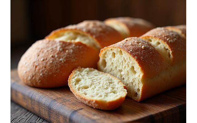 Photo comparative vue latérale d'un pain de campagne traditionnel et d'une baguette sans gluten Lumière Fournil, avec une tranche du pain sans gluten révélant une mie moelleuse et aérée. Lumière chaleureuse mettant en avant la texture dorée de la croûte.