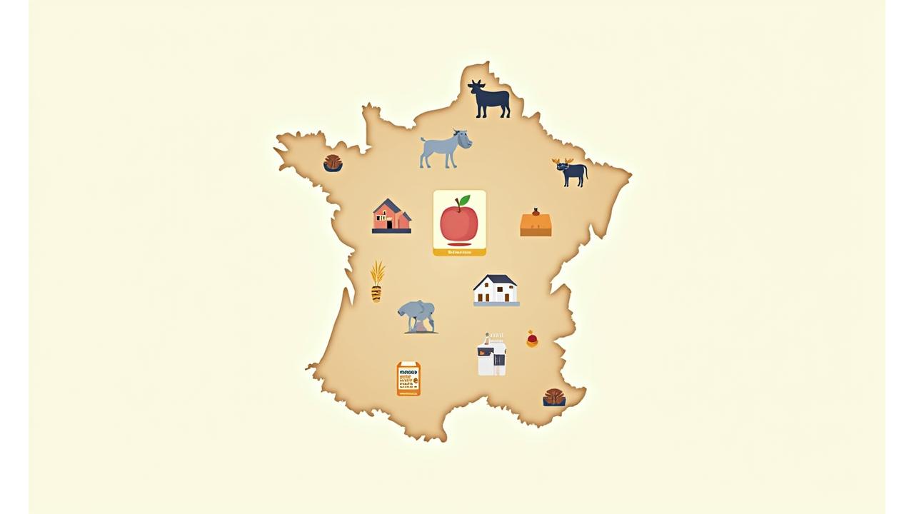Carte stylisée de la région Auvergne-Rhône-Alpes avec des icônes représentant des producteurs locaux