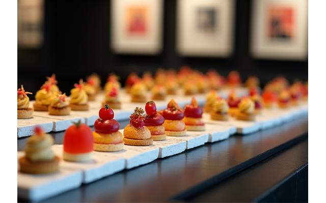 Groupe de personnes dégustant des canapés et des verrines lors d'une exposition d'art, sous des lumières tamisées.