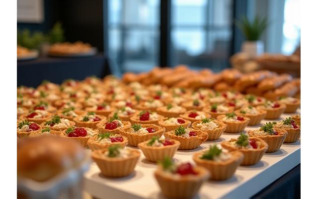 Table de buffet élégamment dressée avec des mini-quiches, des verrines et des croissants, lors d'un événement d'entreprise lumineux.