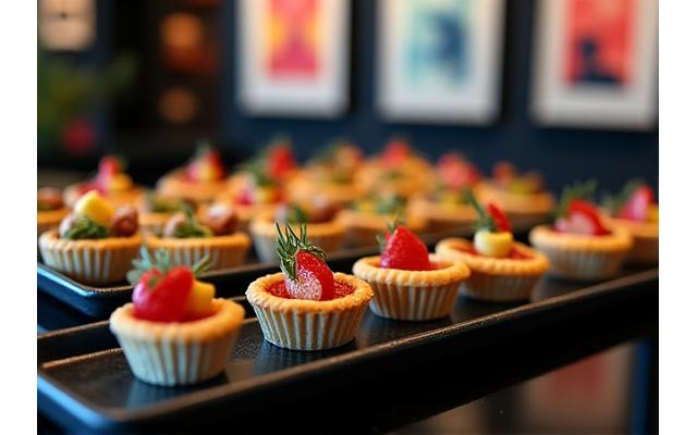 Petits fours salés et sucrés disposés artistiquement sur des plateaux, près d'œuvres d'art lors d'un vernissage en galerie.