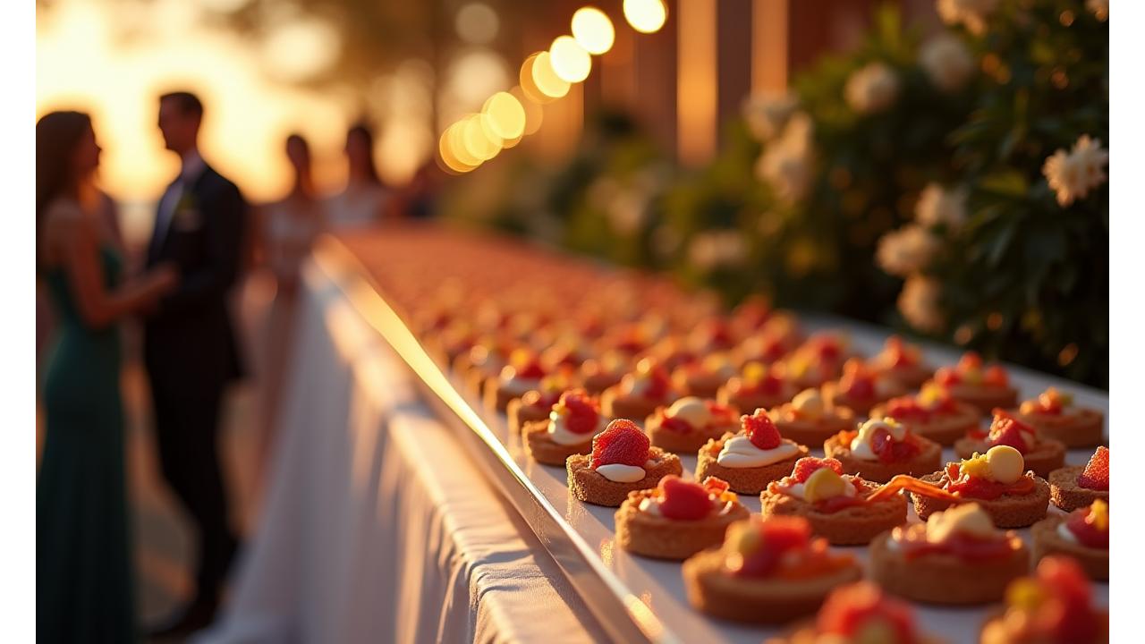 Vue aérienne d'une réception élégante avec un buffet de pâtisseries artisanales et de mini-sandwichs, des convives souriants autour de tables décorées.
