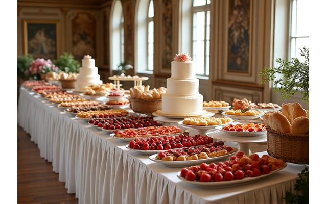 Buffet de mariage élégant dans un château près de Lyon, avec une longue table pleine de pâtisseries individuelles, fruits frais et un gâteau blanc à plusieurs étages.