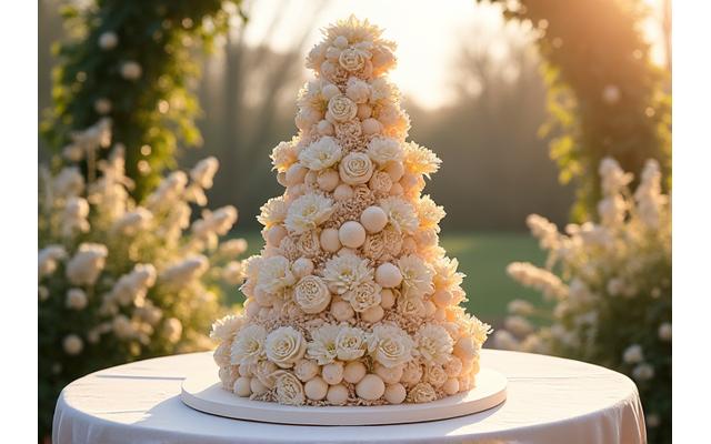 Pièce montée de choux et de macarons décorée de fleurs fraîches, au centre d'une table de mariage dans un jardin ensoleillé.
