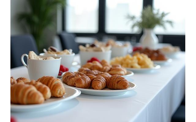 Pause-café d'un séminaire d'entreprise avec des mini-viennoiseries, des fruits coupés et des cafés servis, dans un espace de conférence moderne.